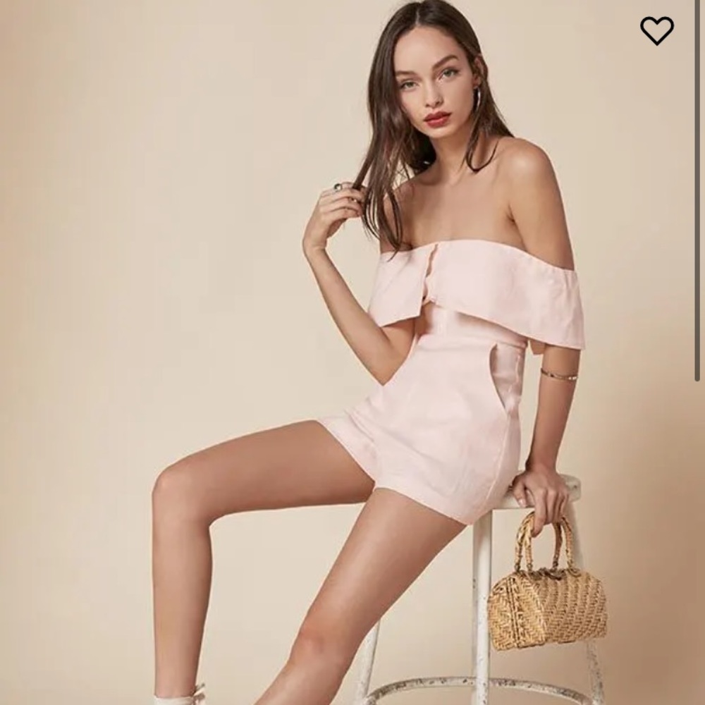 Reformation Frankie Pink Romper Off the Shoulder
